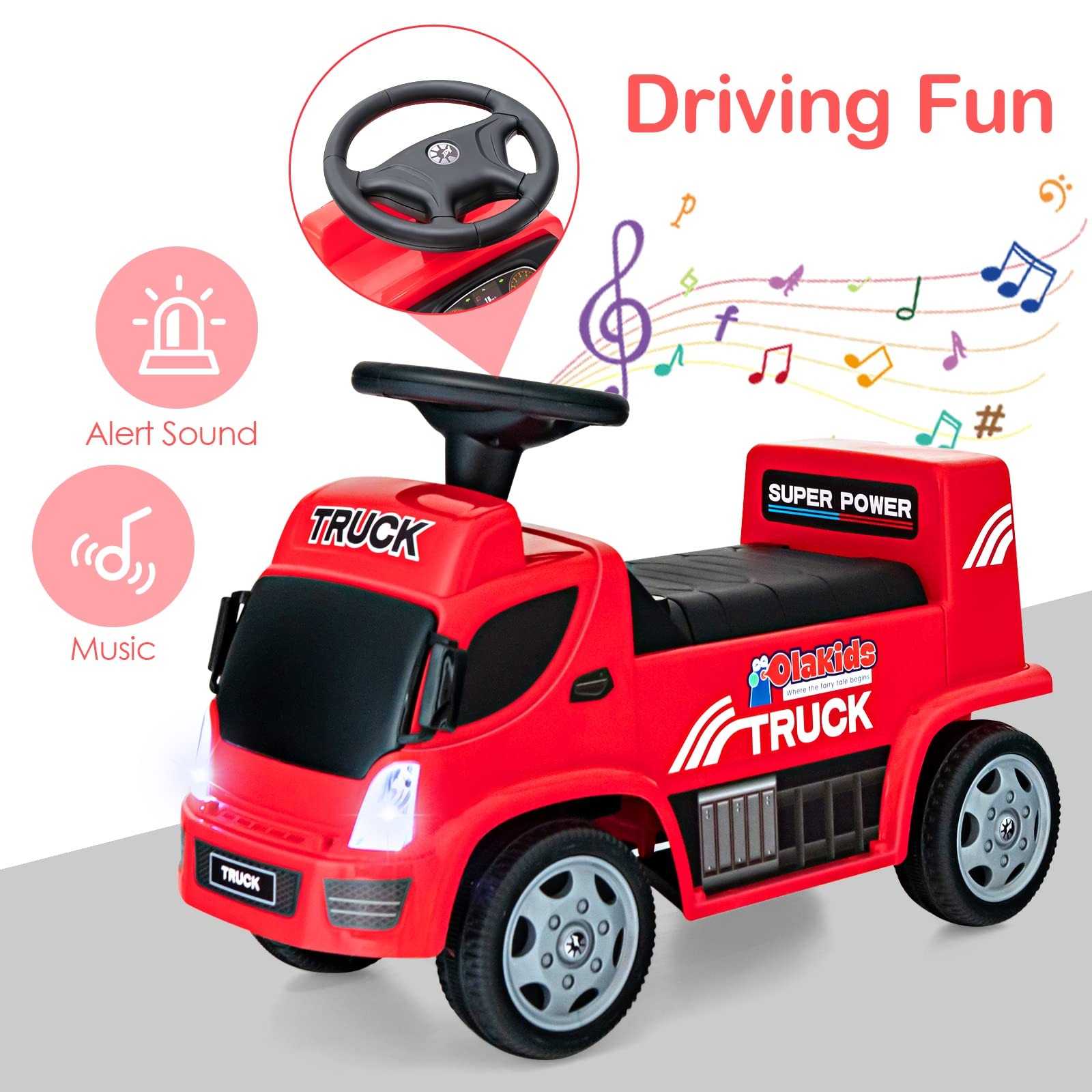 OLAKIDS Kids Ride On Push Car, 2 in 1 Foot-to-Floor Sliding Truck with Detachable Trailer, Steering Wheel, Headlights, Music, Alarm Sound, Toy Walker Gift for Toddlers Age 1.5-3 Boys Girls OLAKIDS