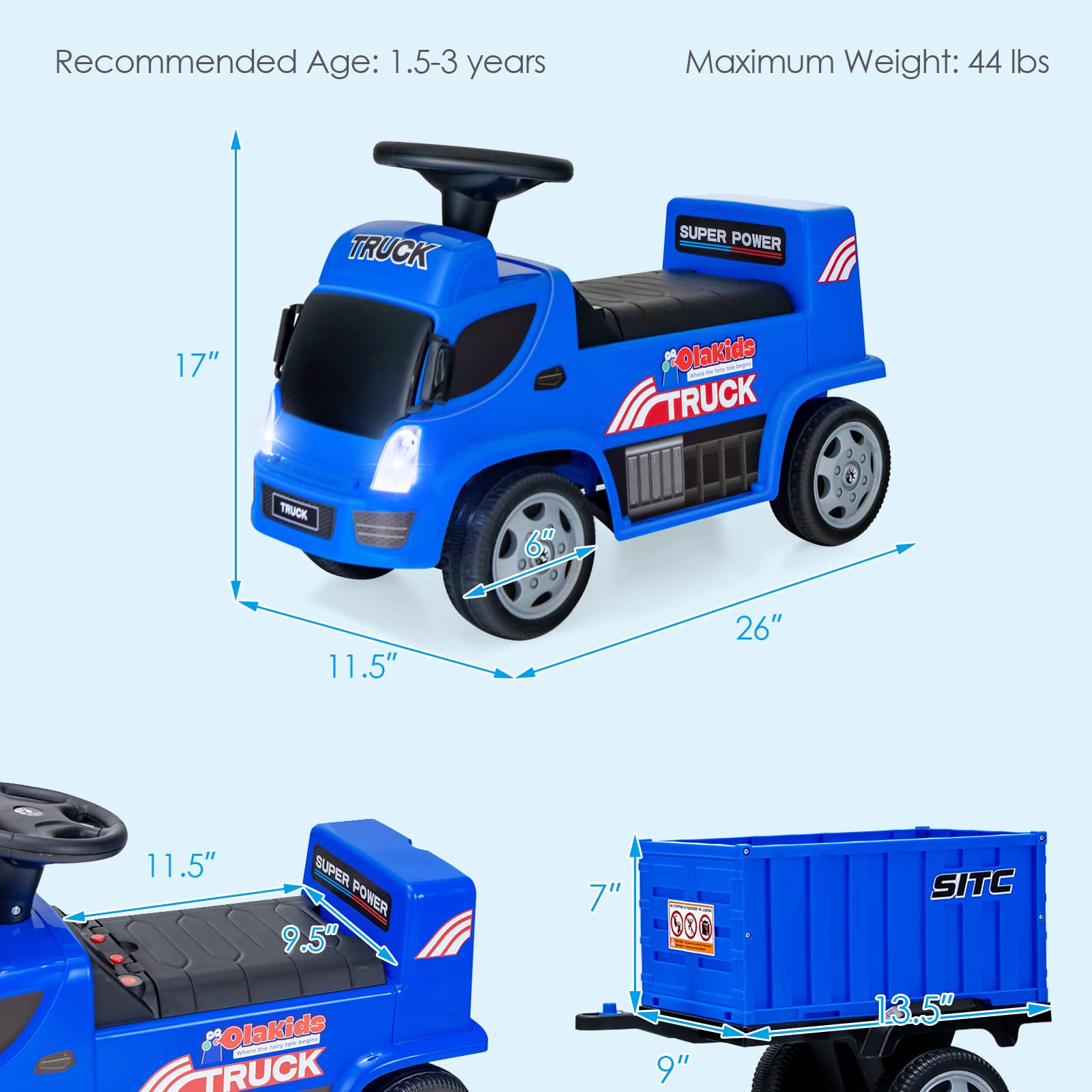 OLAKIDS Kids Ride On Push Car, 2 in 1 Foot-to-Floor Sliding Truck with Detachable Trailer, Steering Wheel, Headlights, Music, Alarm Sound, Toy Walker Gift for Toddlers Age 1.5-3 Boys Girls OLAKIDS