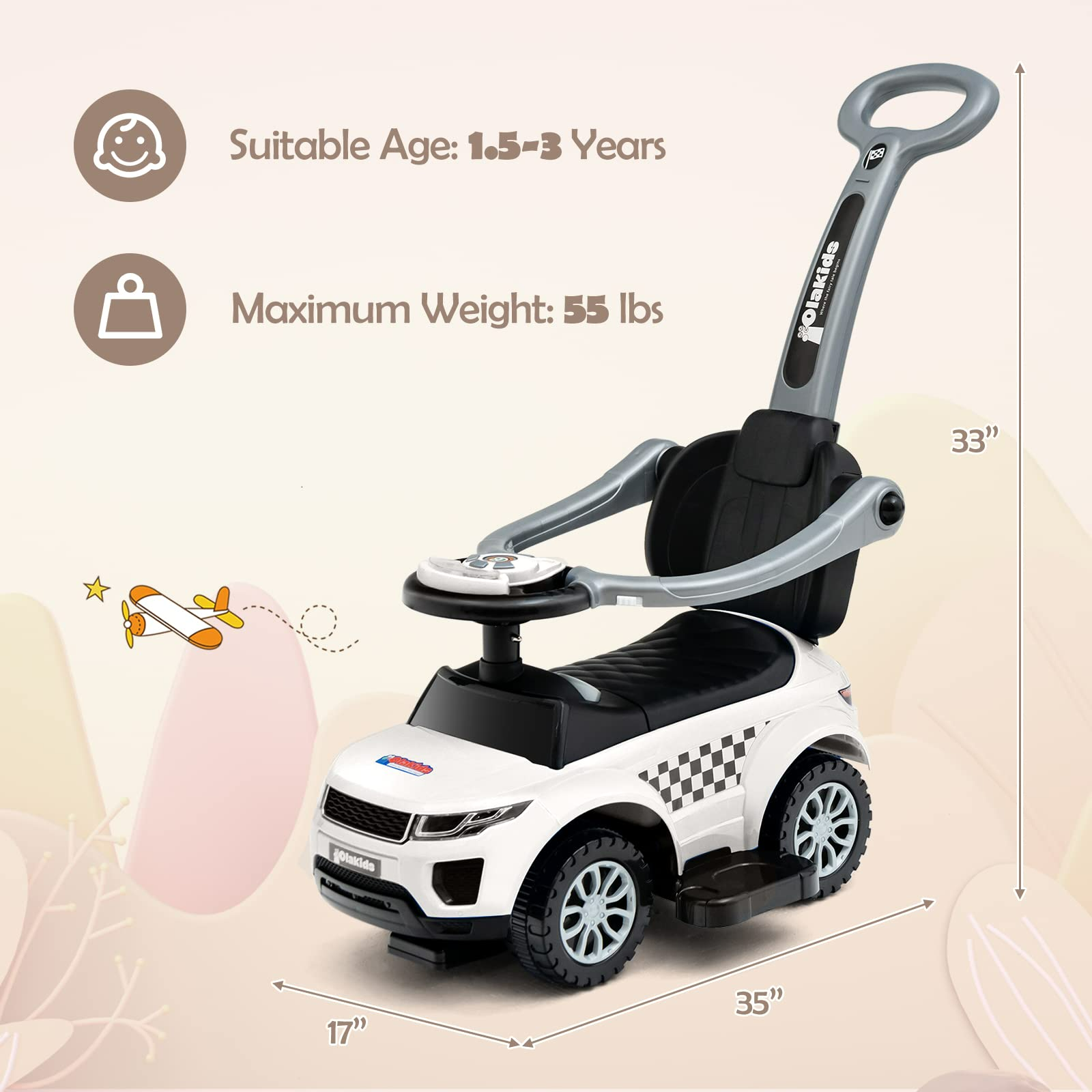 OLAKIDS 4 in 1 Ride on Push Car, Toddlers Stroller Sliding Walking Toy with Horn, Music, Lights, Removable Guardrails and Handle OLAKIDS
