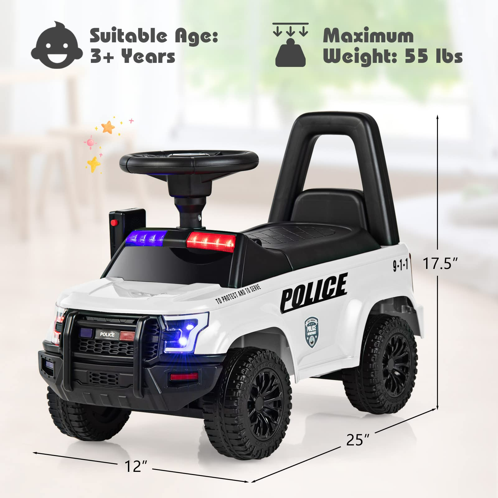 OLAKIDS Ride On Push Police Car, Toddler Foot-to-Floor Sliding Toy with Siren, Steering Wheel, Megaphone, Horn, Headlights, Under Seat Storage OLAKIDS