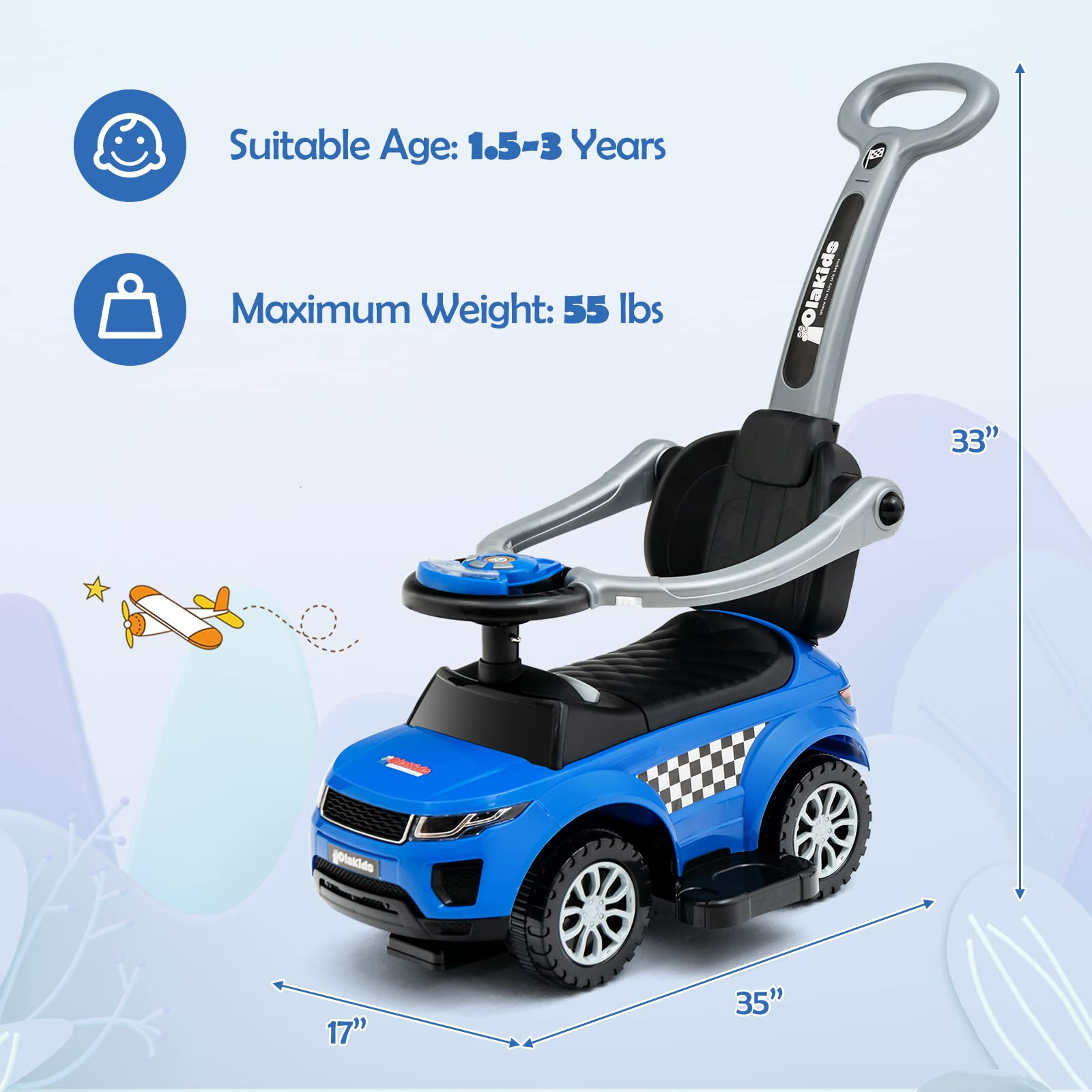 OLAKIDS 4 in 1 Ride on Push Car, Toddlers Stroller Sliding Walking Toy with Horn, Music, Lights, Removable Guardrails and Handle OLAKIDS