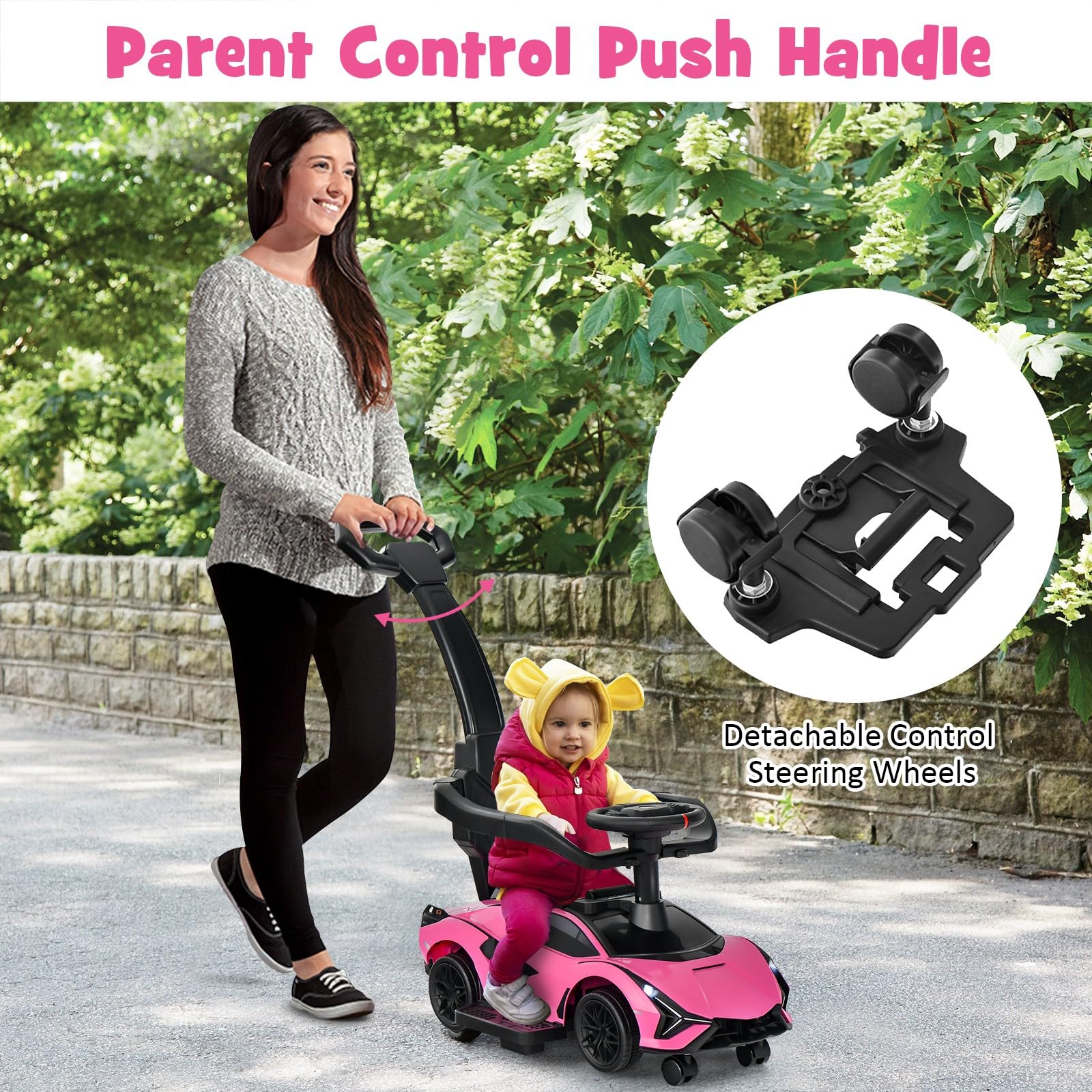 push car stroller for babies OLAKIDS 3 in 1 Ride on Push Car, Licensed Lamborghini Baby Stroller Sliding Walking Car Yellow