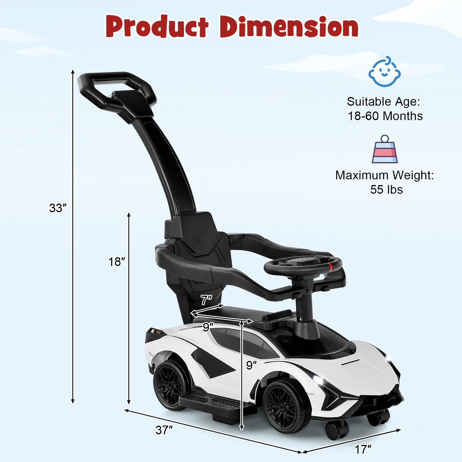 OLAKIDS 3 in 1 Ride on Push Car, Licensed Lamborghini Baby Stroller Sl